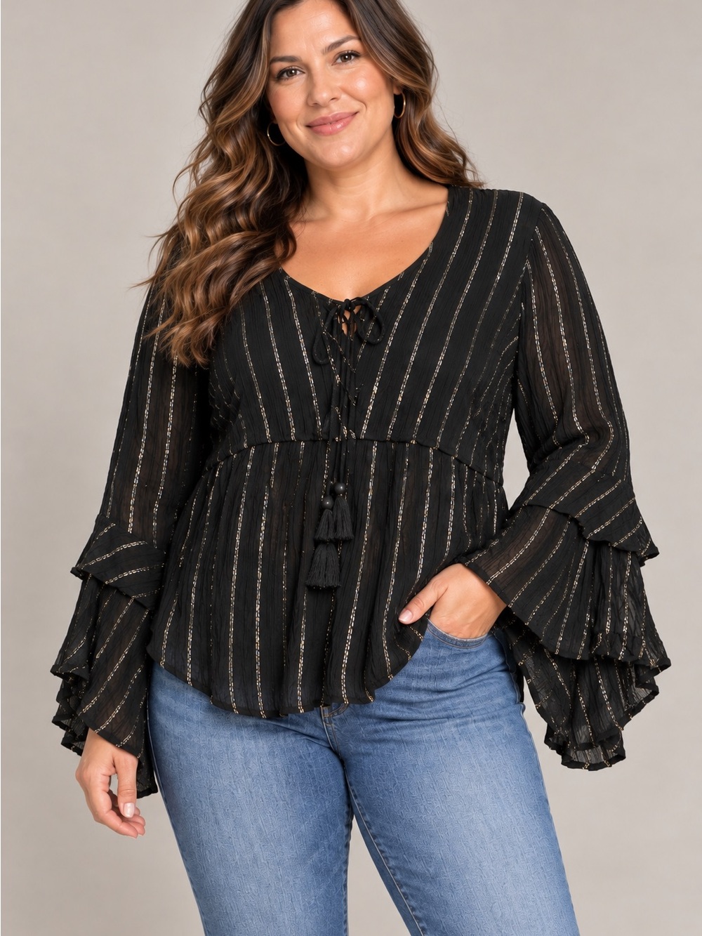 Idyllwind Black Metallic-Striped Ruffle Bell Sleeve Blouse